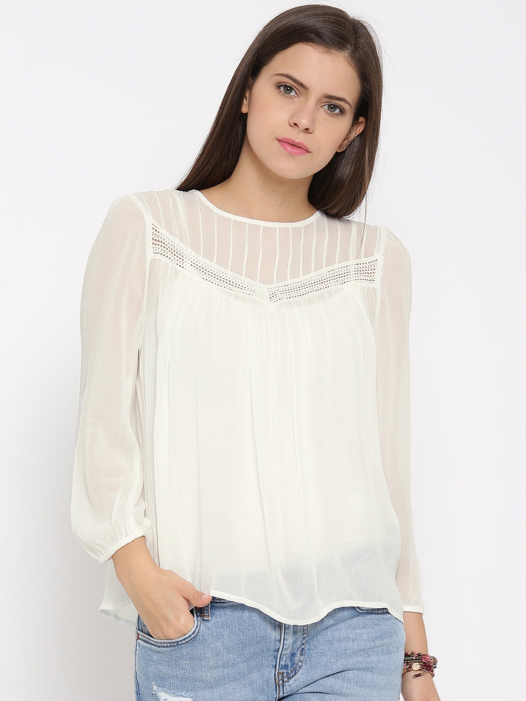 Buy FOREVER 21 Women White Solid Sheer Top - Tops for Women 1552263 ...