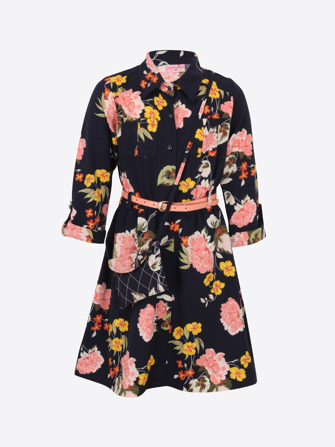Campana Girls Ruby 100% Cotton Crossover Style Floral Printed Dress - Navy & Pink