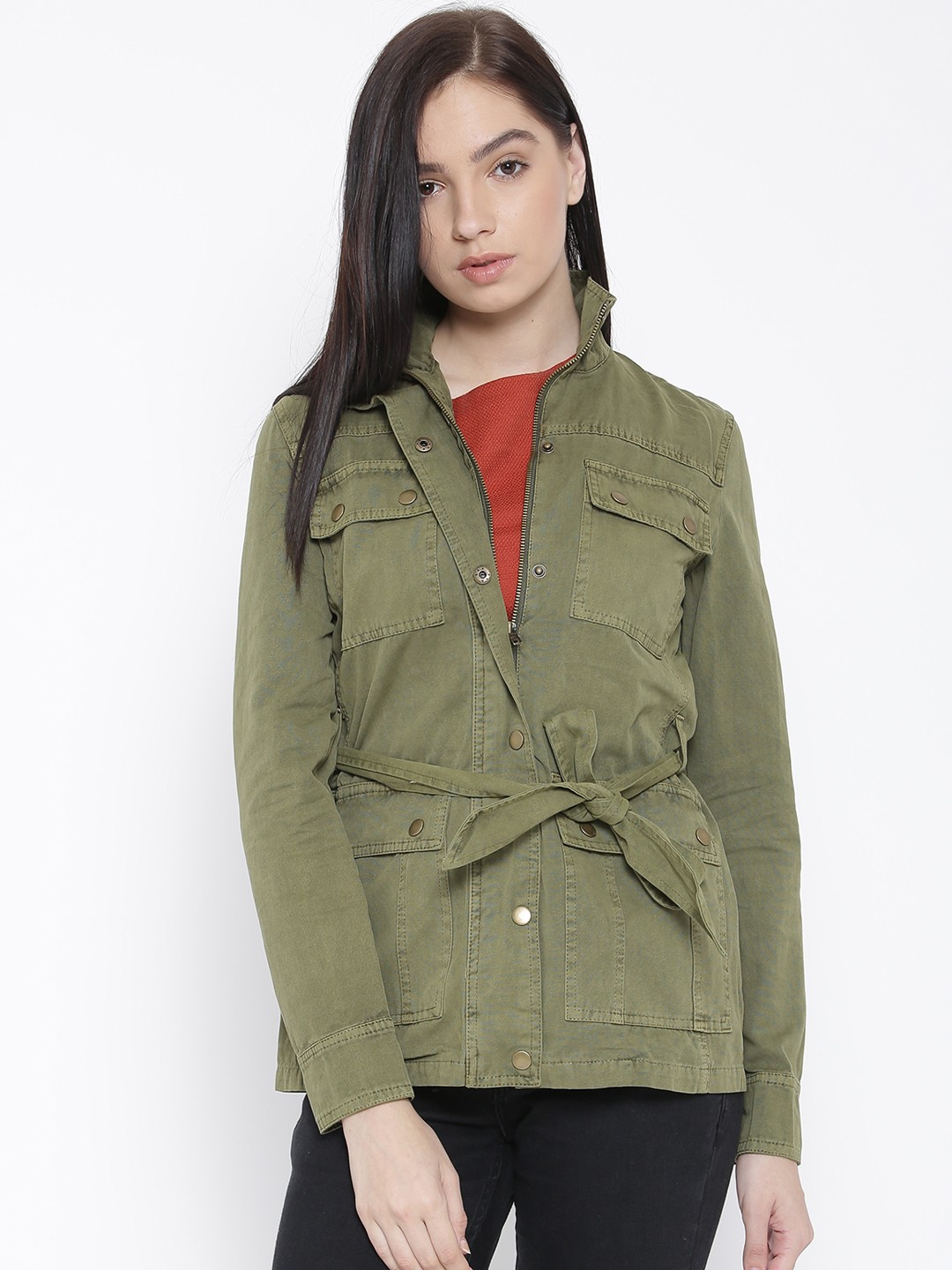 Buy FOREVER 21 Olive Green Denim Jacket - Jackets for Women 1552486 | Myntra