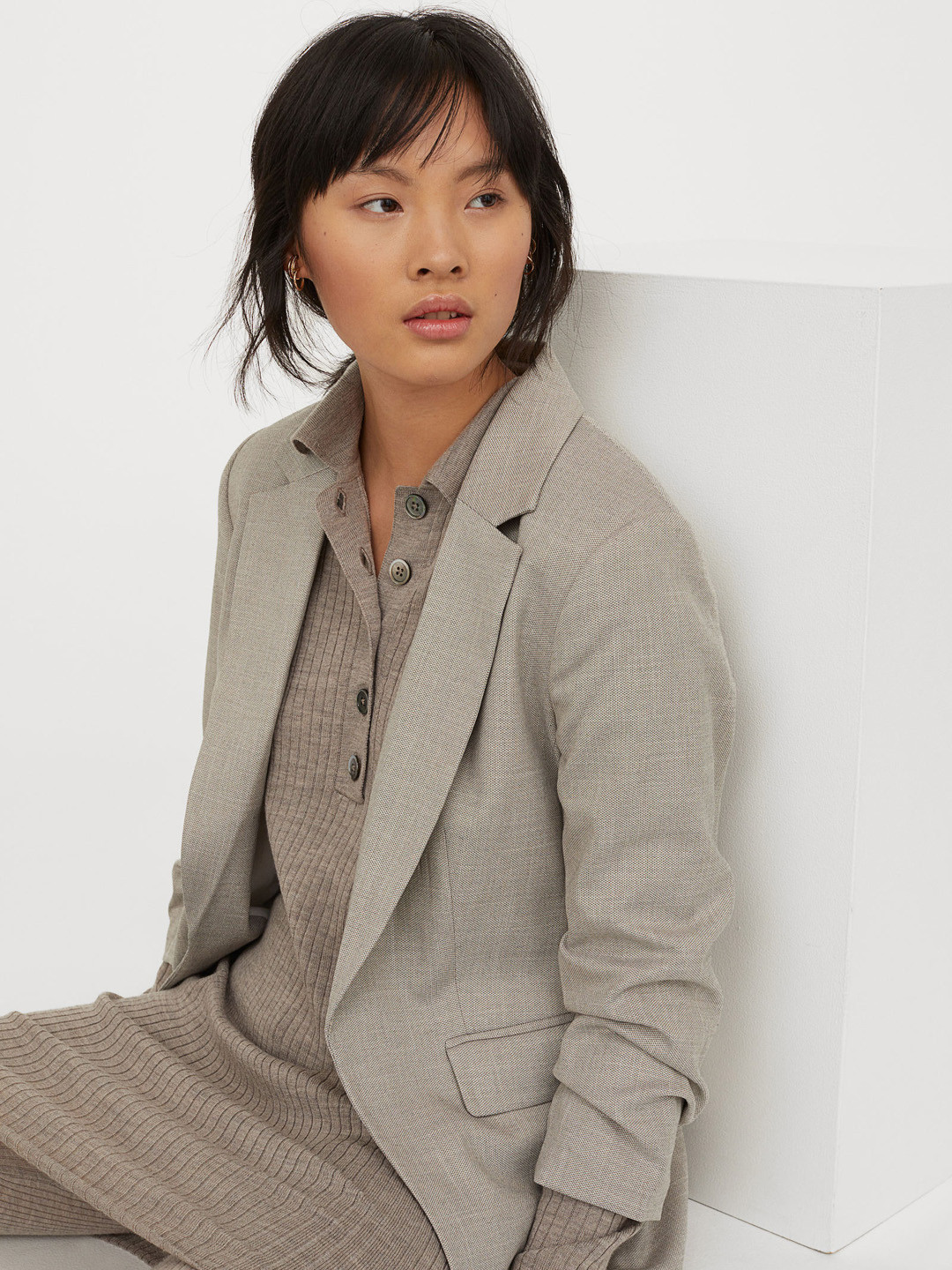 Buy H&M Women Grey Gathered Sleeve Jacket Blazers for Women 15530708