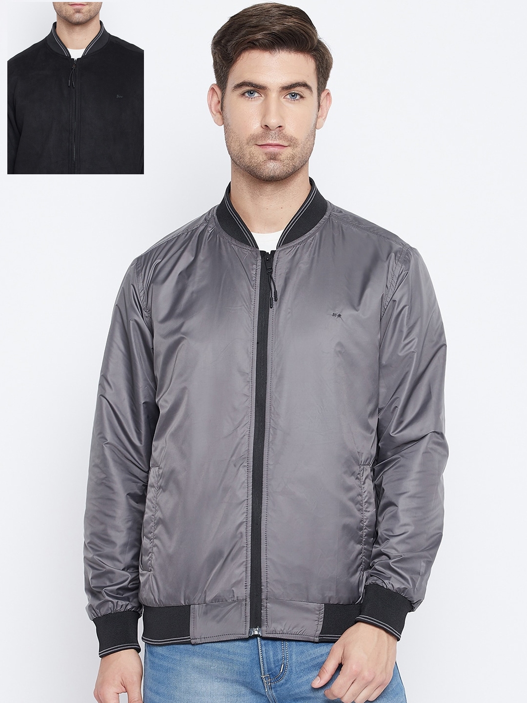 Buy Okane Men Black Grey Solid Reversible Varsity Jacket - Jackets for ...