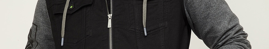 Buy Bossini Men Black & Grey Solid Hooded Denim Jacket - Jackets for ...