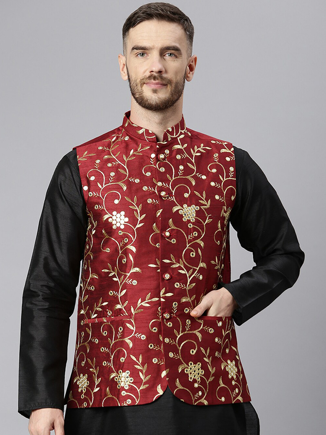 Buy Hangup Men Maroon & Gold Coloured Embroidered Woven Nehru Jacket