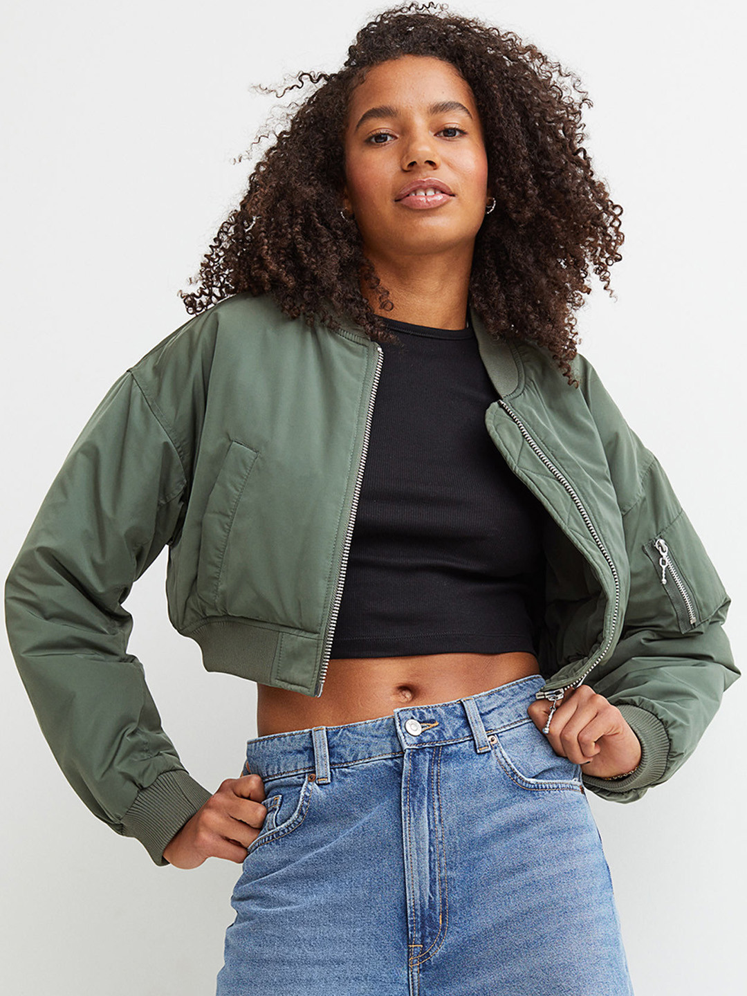 Buy H&M Women Green Cropped Bomber Jacket Jackets for Women 15546126 Myntra