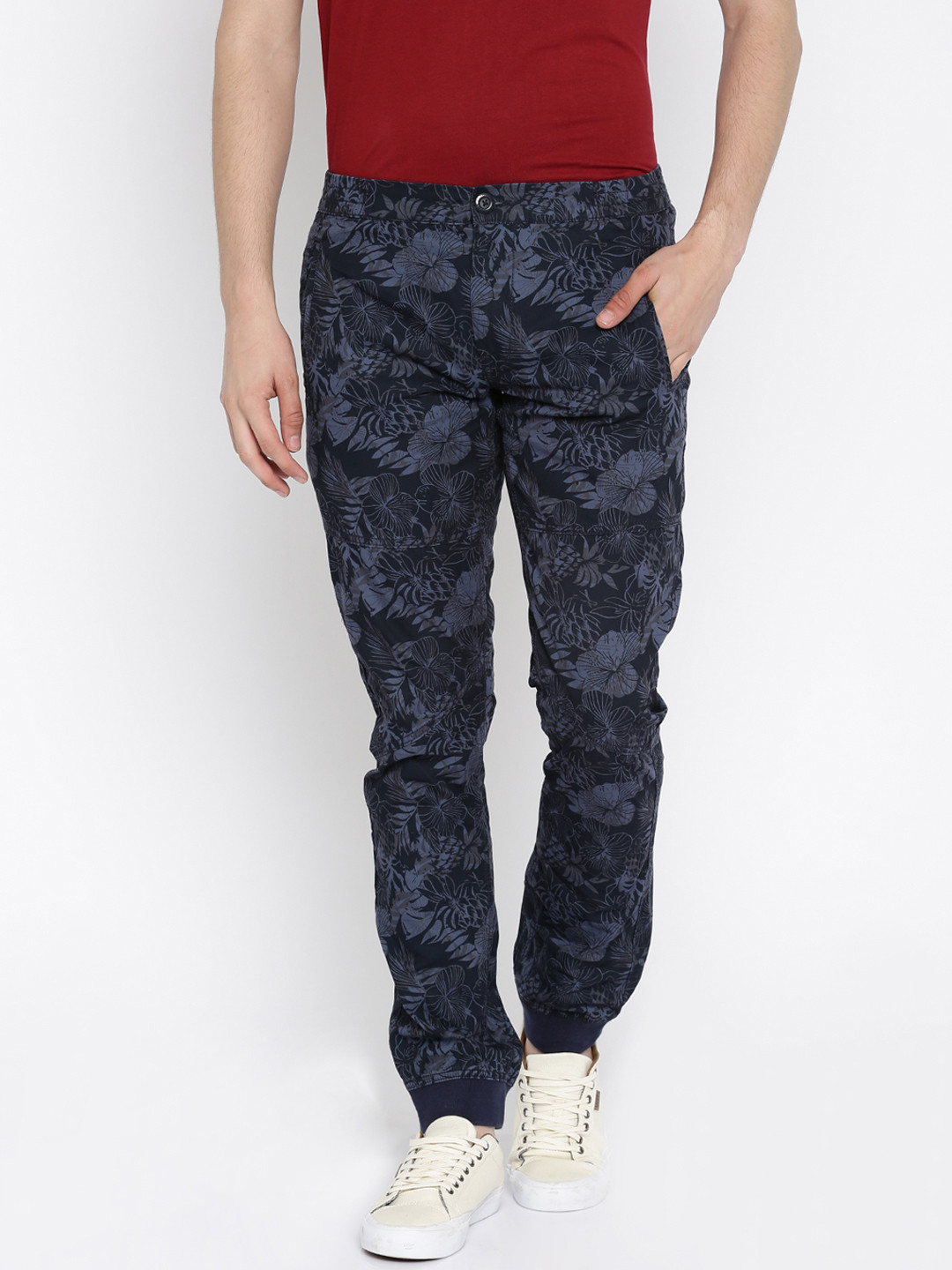 Buy Flying Machine Men Navy Blue Printed Slim Fit Cuffed Joggers ...