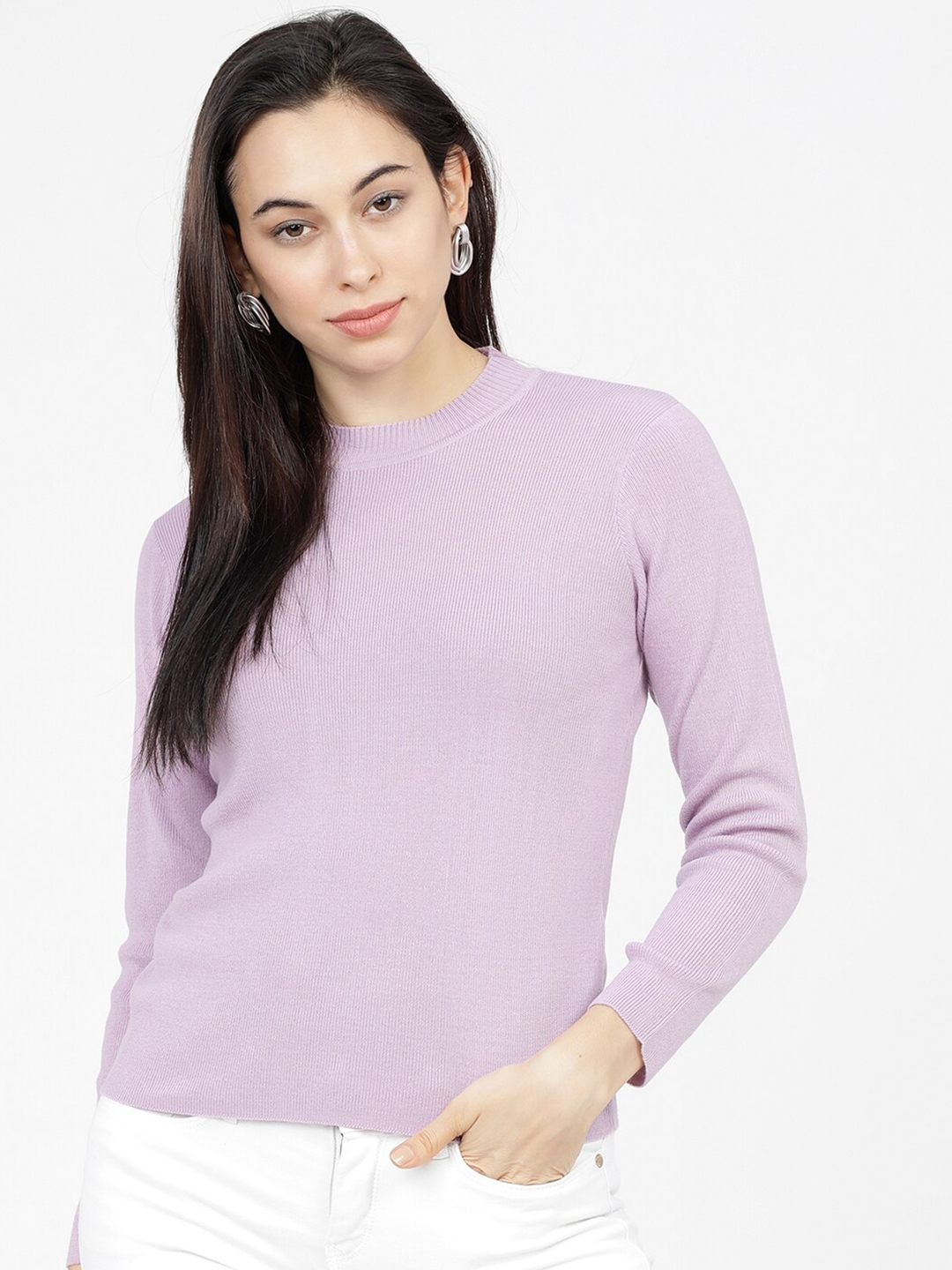 Buy Tokyo Talkies Women Lavender Ribbed Round Neck Solid Pullover ...