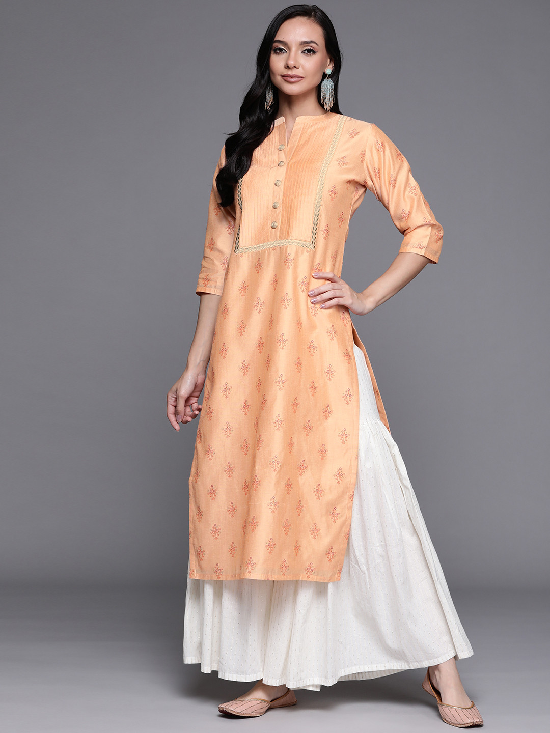 Buy Libas Women Peach Coloured & Golden Floral Printed Straight Kurta