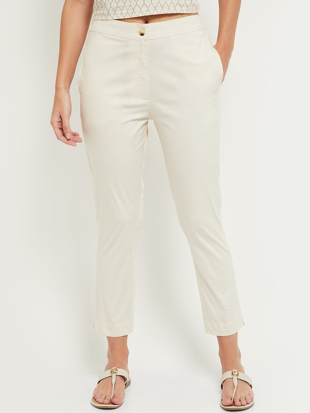 Buy Max Women Cream Coloured Pure Cotton Trousers Trousers for Women