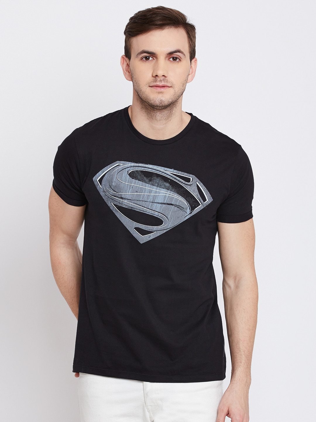 Buy Free Authority Men Black Superman Printed Round Neck T Shirt