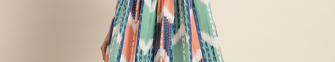 Buy Sangria Blue & Green Pure Cotton Ikat Print A Line Midi Dress ...
