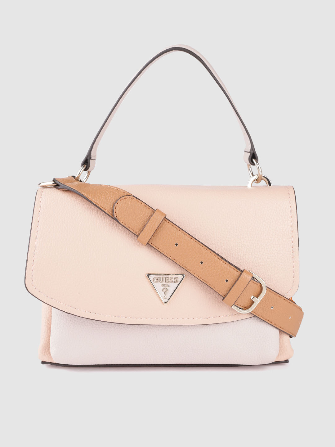 Buy GUESS Pink & Brown Colourblocked Structured Satchel Bag Handbags