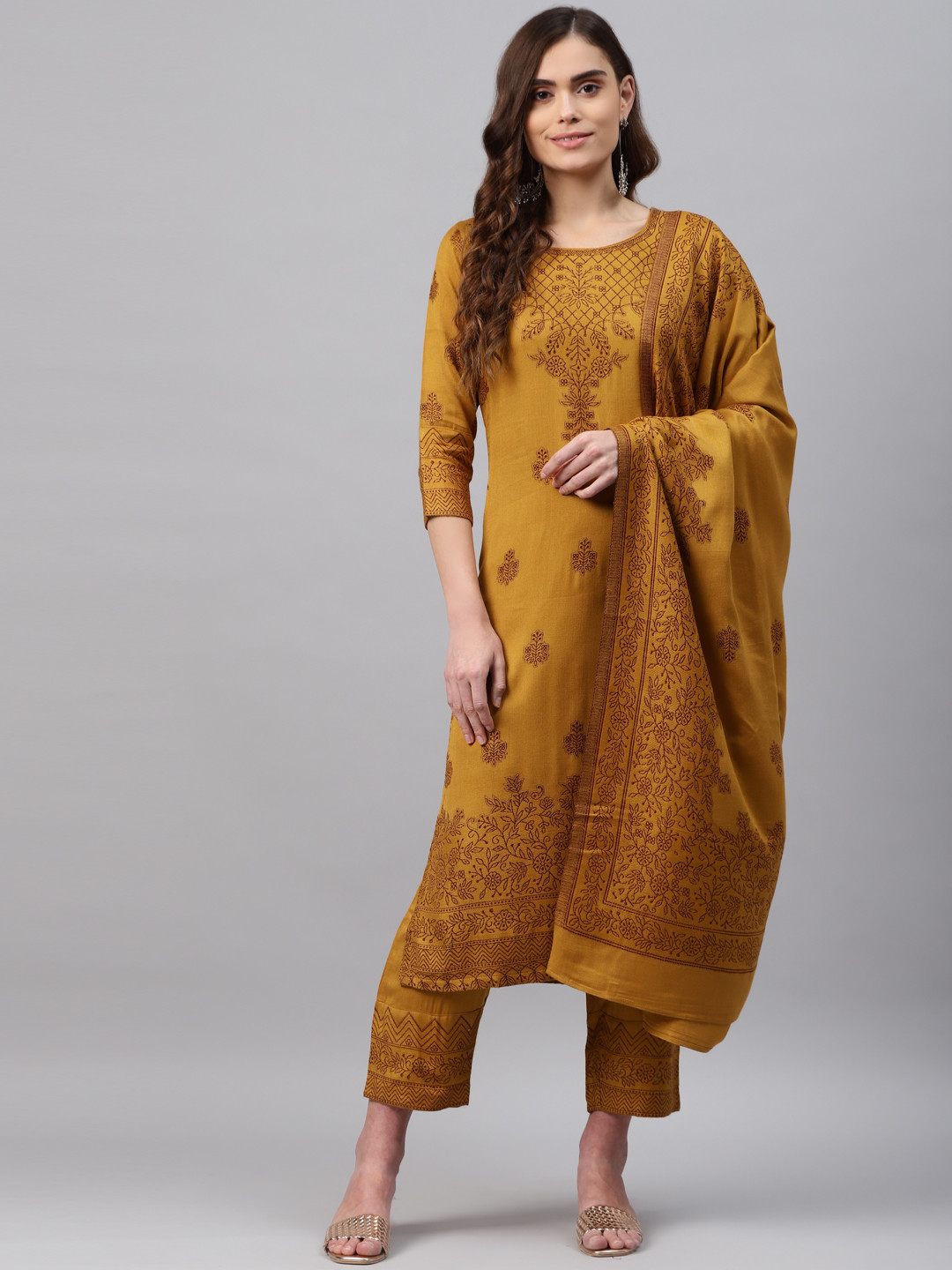 Mustard Yellow Ethnic Motifs Printed Straight Kurta with Palazzos & With Dupatta