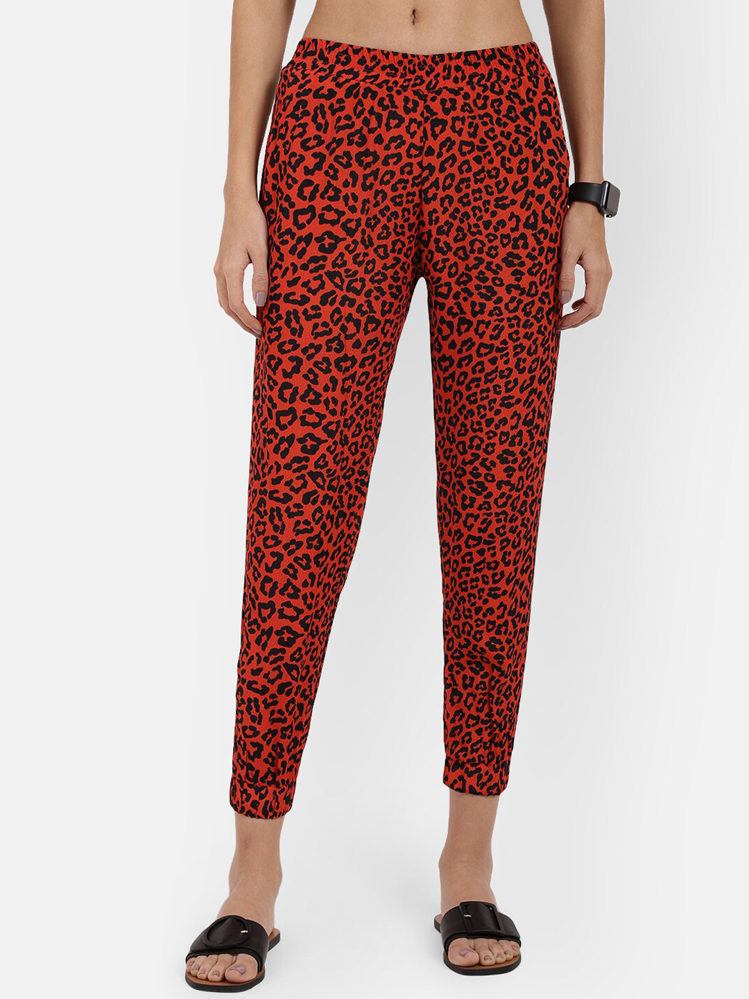 Buy R26 Women Red Animal Printed Straight Fit Trousers Trousers for