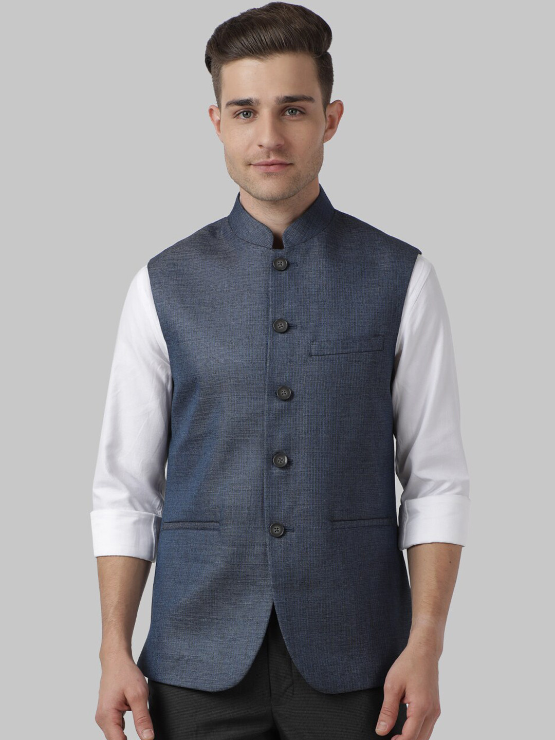 Buy Park Avenue Men Navy Blue & Black Solid Mandarin Collar Waistcoats