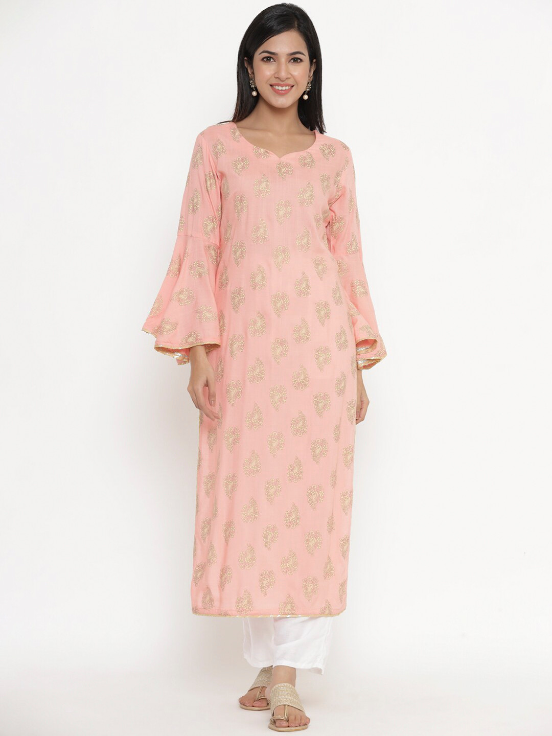 Buy Indian Virasat Women Pink Ethnic Motifs Printed Bell Sleeves Kurta