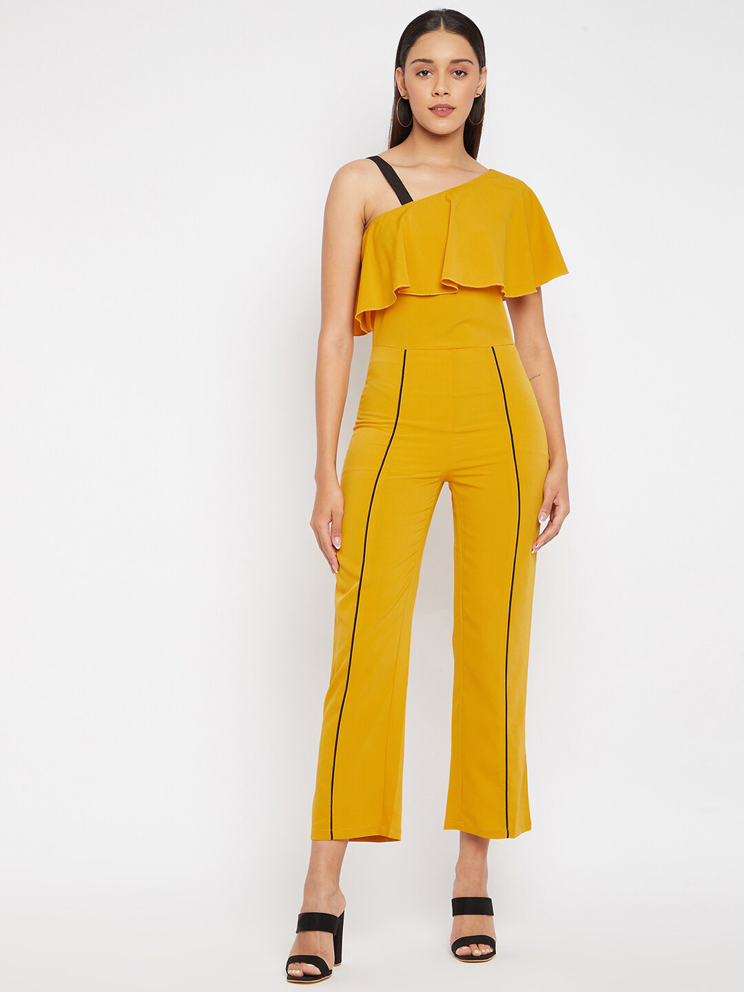 Buy PANIT Mustard & Brown Basic Jumpsuit With Ruffles Jumpsuit for