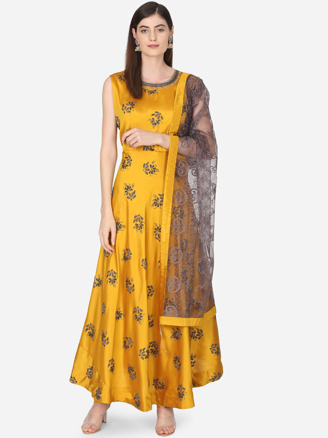 Buy BOMBAY SELECTIONS Women Mustard Yellow Printed & Embellished Kurta With Churidar & Dupatta