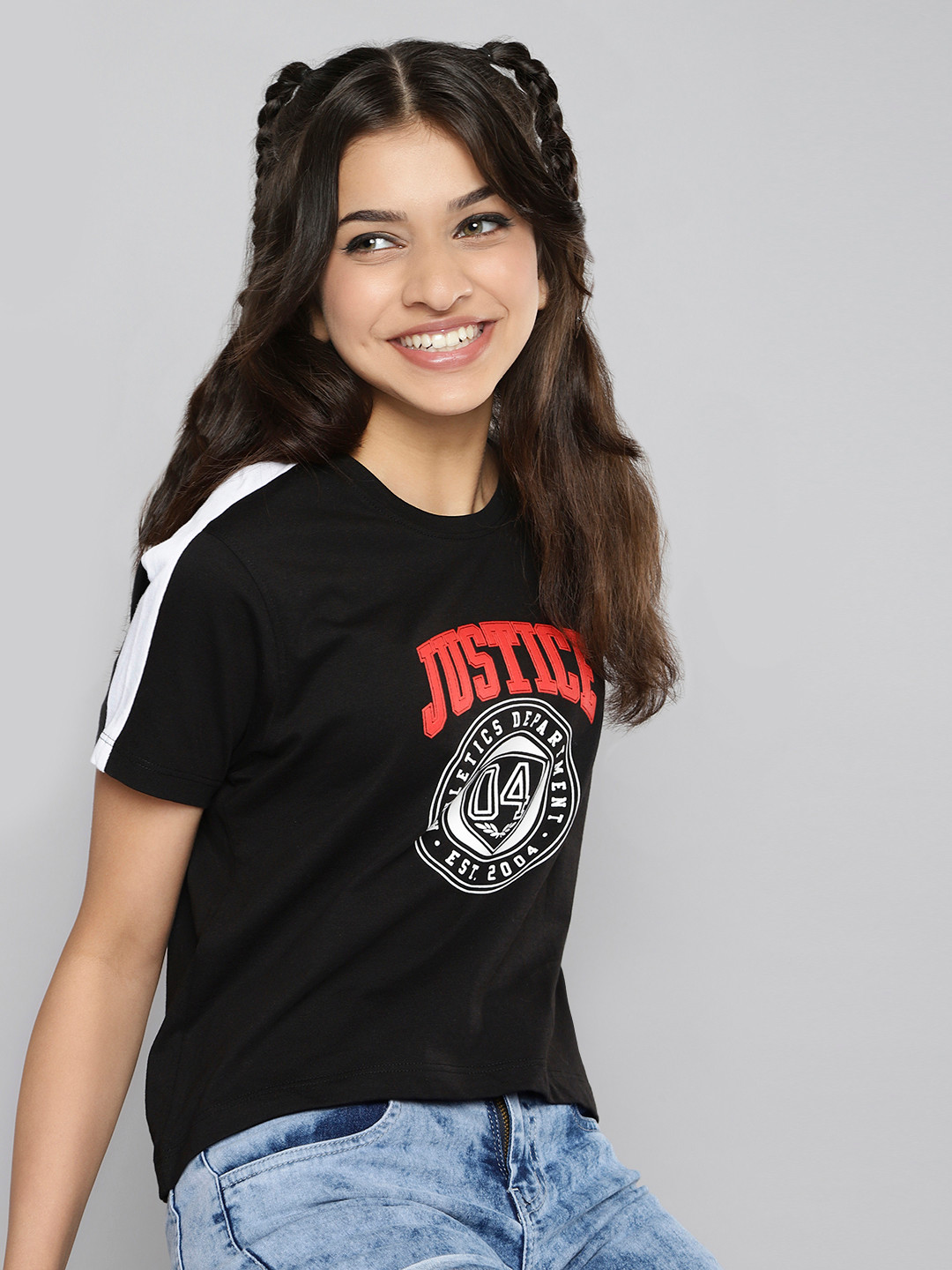 Buy JUSTICE Girls Black Pure Cotton Printed T Shirt - Tshirts for Girls ...