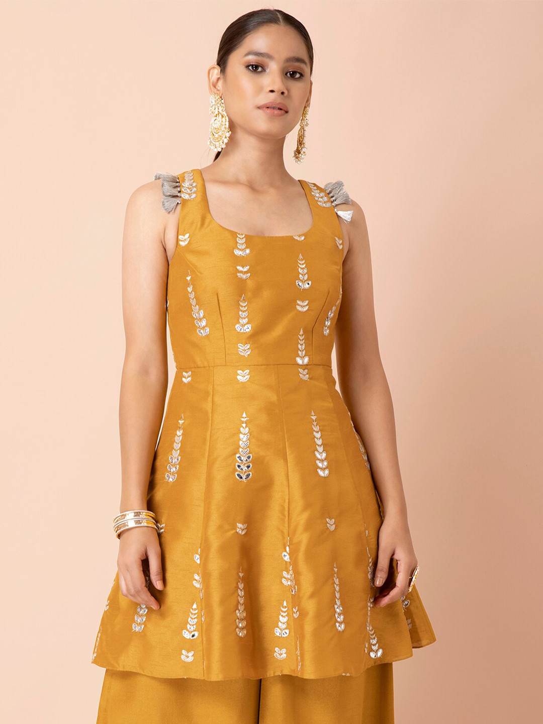 Buy INDYA Women Mustard Yellow & White Embroidered A Line Kurti