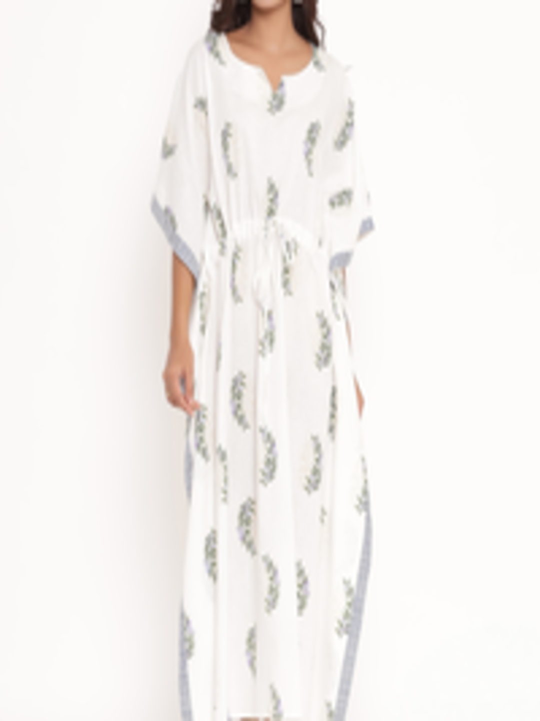 Buy Fabriko White & Green Floral Printed Cotton Kaftan Maxi Dress ...