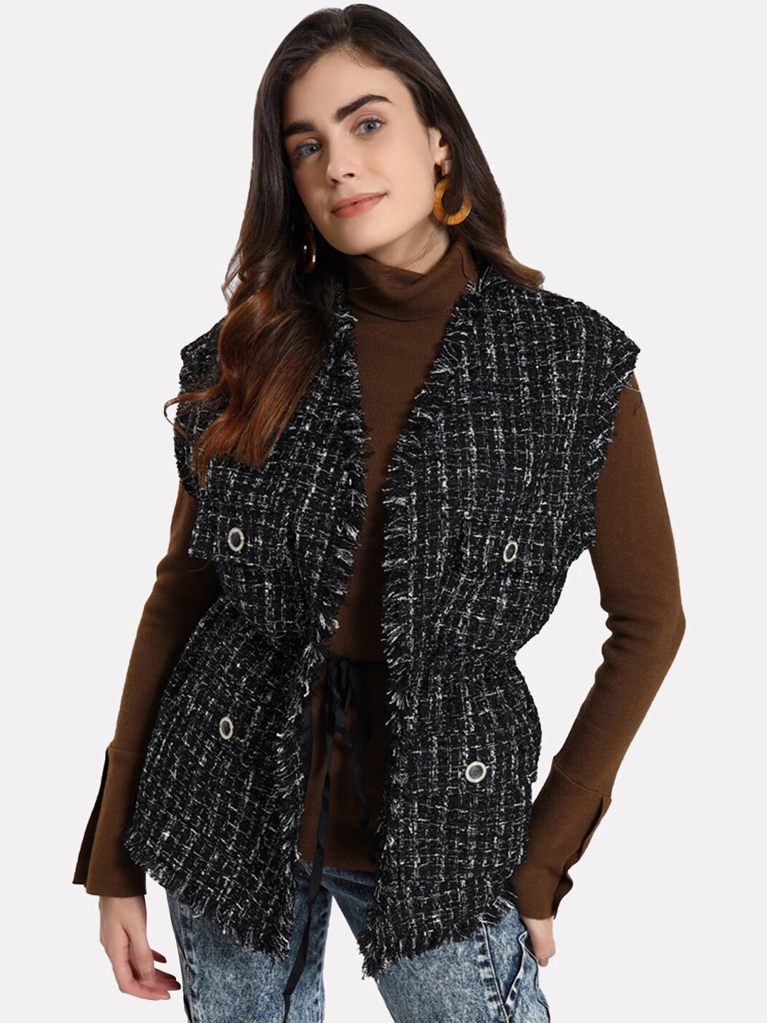 Buy Iki Chic Women Black Sleeveless V Neck Frayed Jacket Jackets for