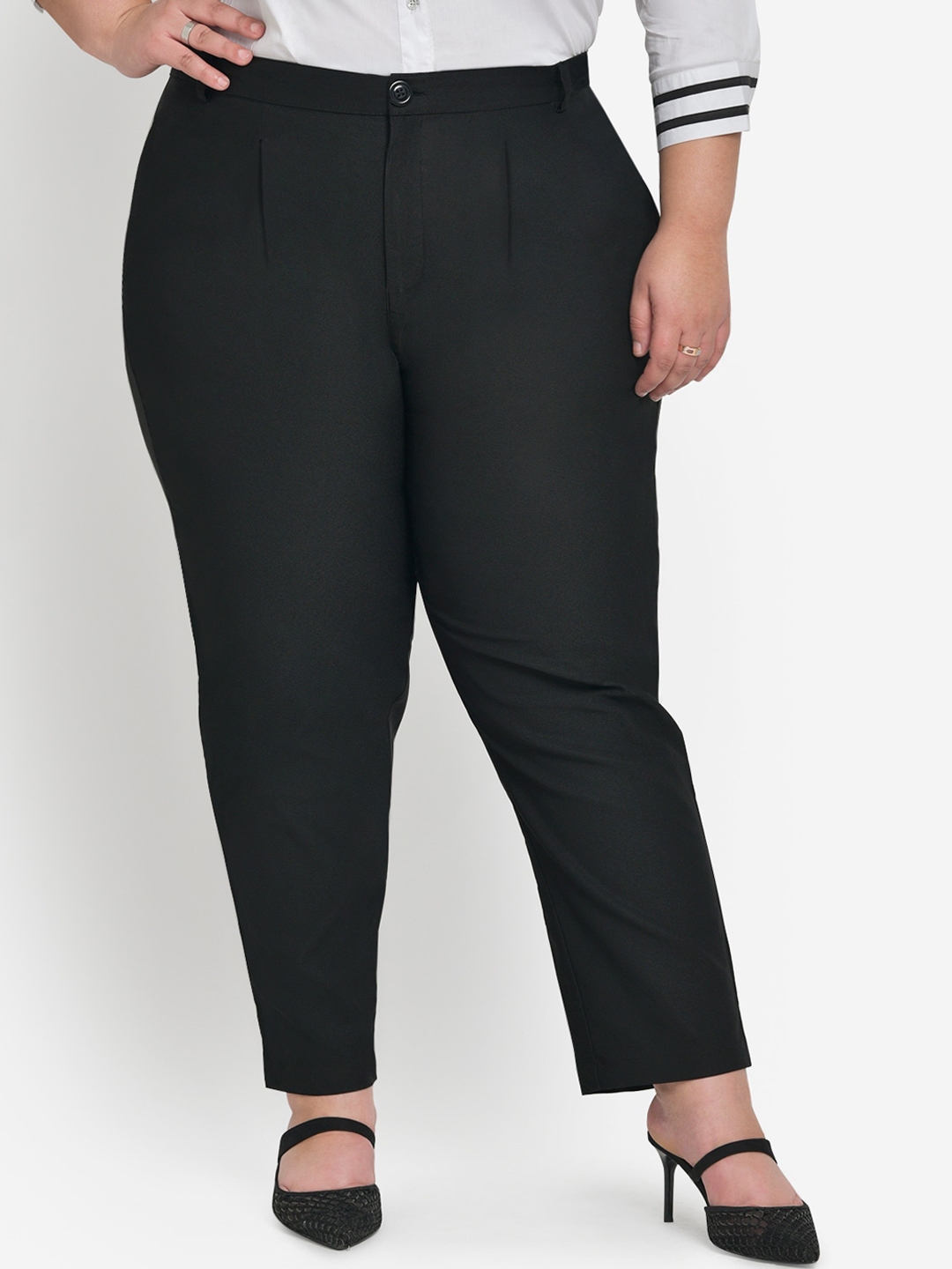 Buy Wild U Plus Size Women Black Slim Fit Pleated Stretchable Cotton ...