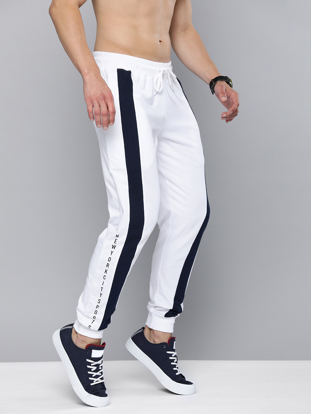 Buy HERE&NOW Men White Striped Pure Cotton Joggers Track Pants for