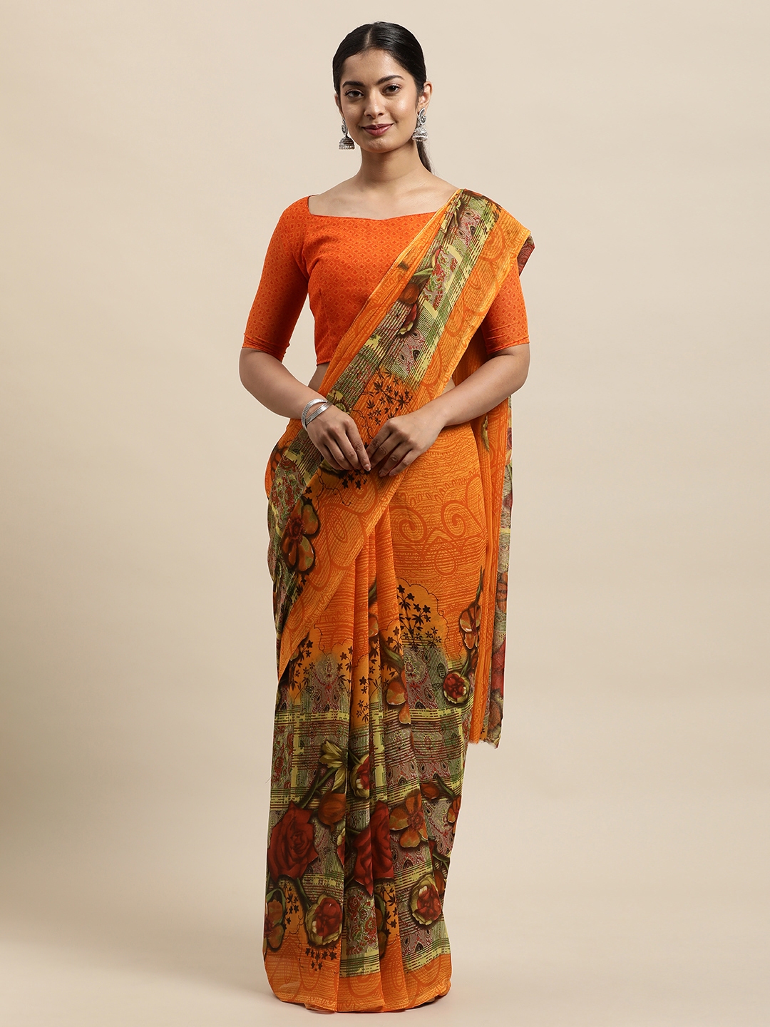 Buy KALINI Orange Floral Saree - Sarees for Women 15615558 | Myntra