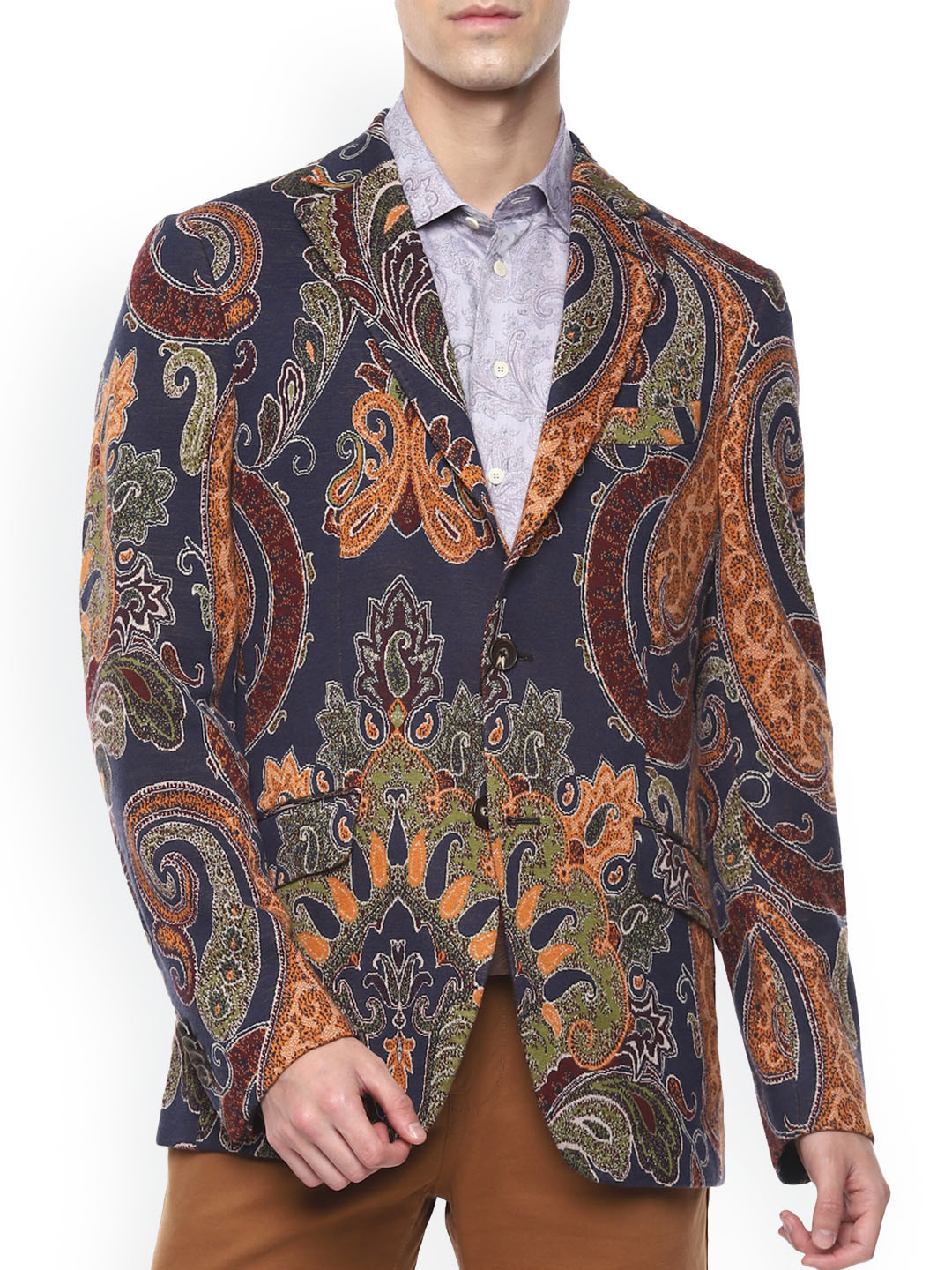 Buy ETRO Men Blue & Yellow Printed Single Breasted Blazer Blazers for