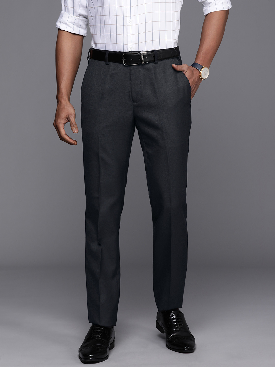 Buy Raymond Men Navy Blue Slim Fit Pleated Formal Trousers - Trousers ...