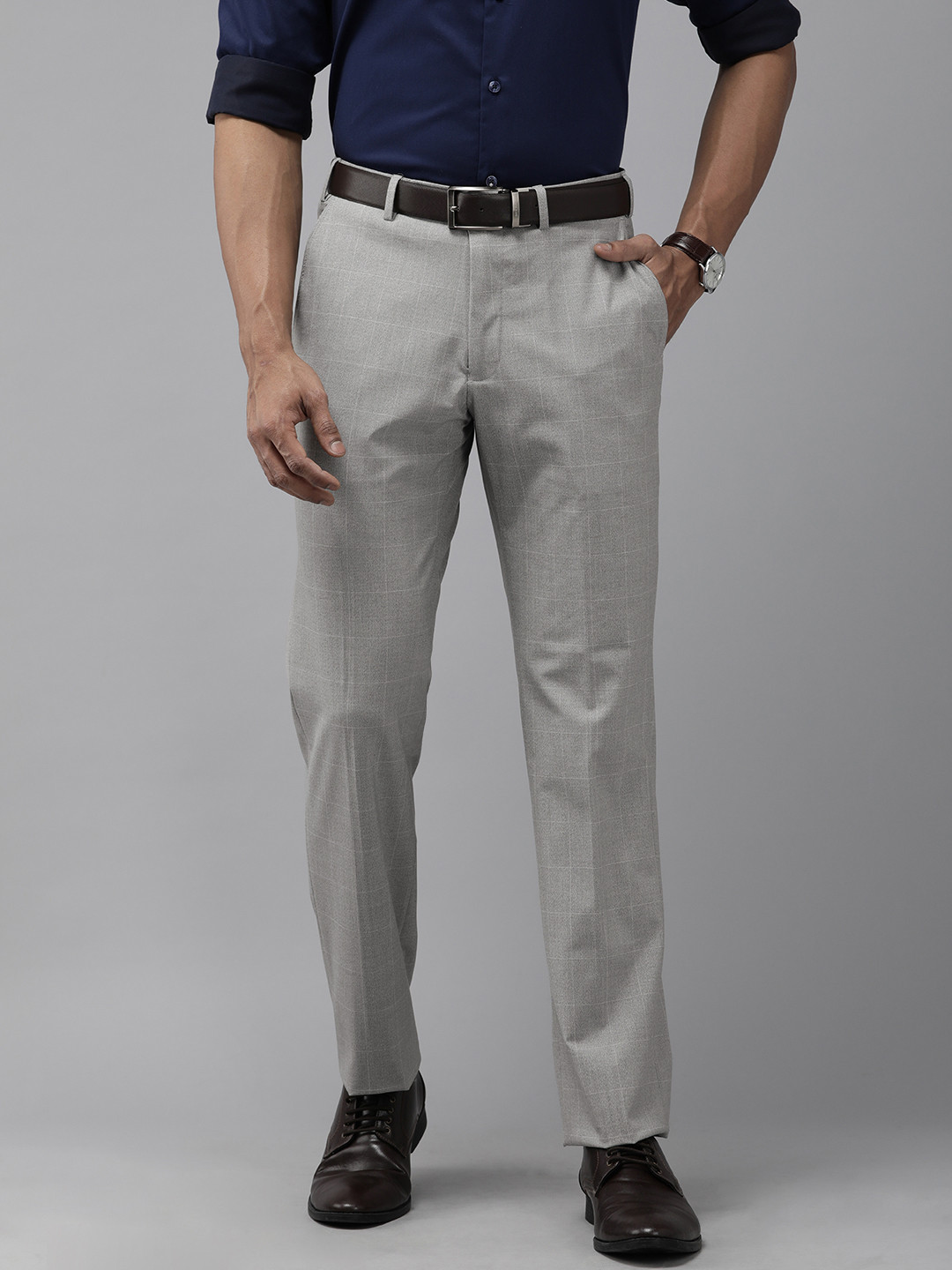 Buy Park Avenue Men Grey Checked Smart Fit Formal Trousers - Trousers ...