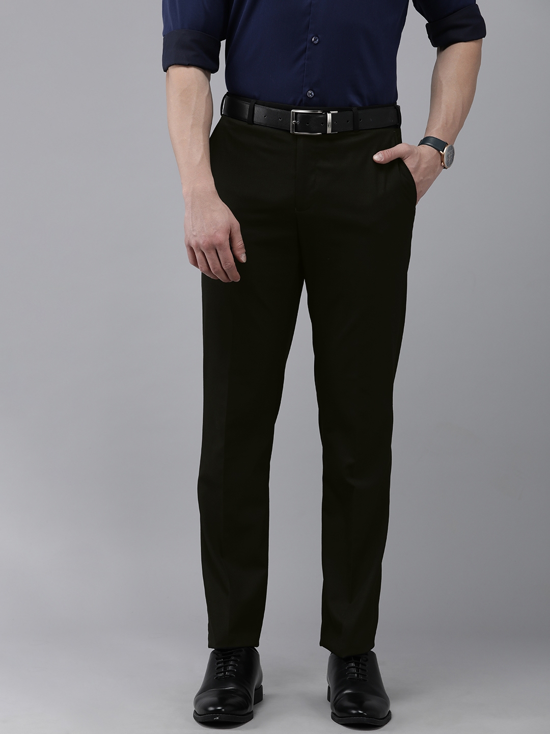 Buy Park Avenue Men Black Textured Smart Fit Formal Trousers - Trousers ...