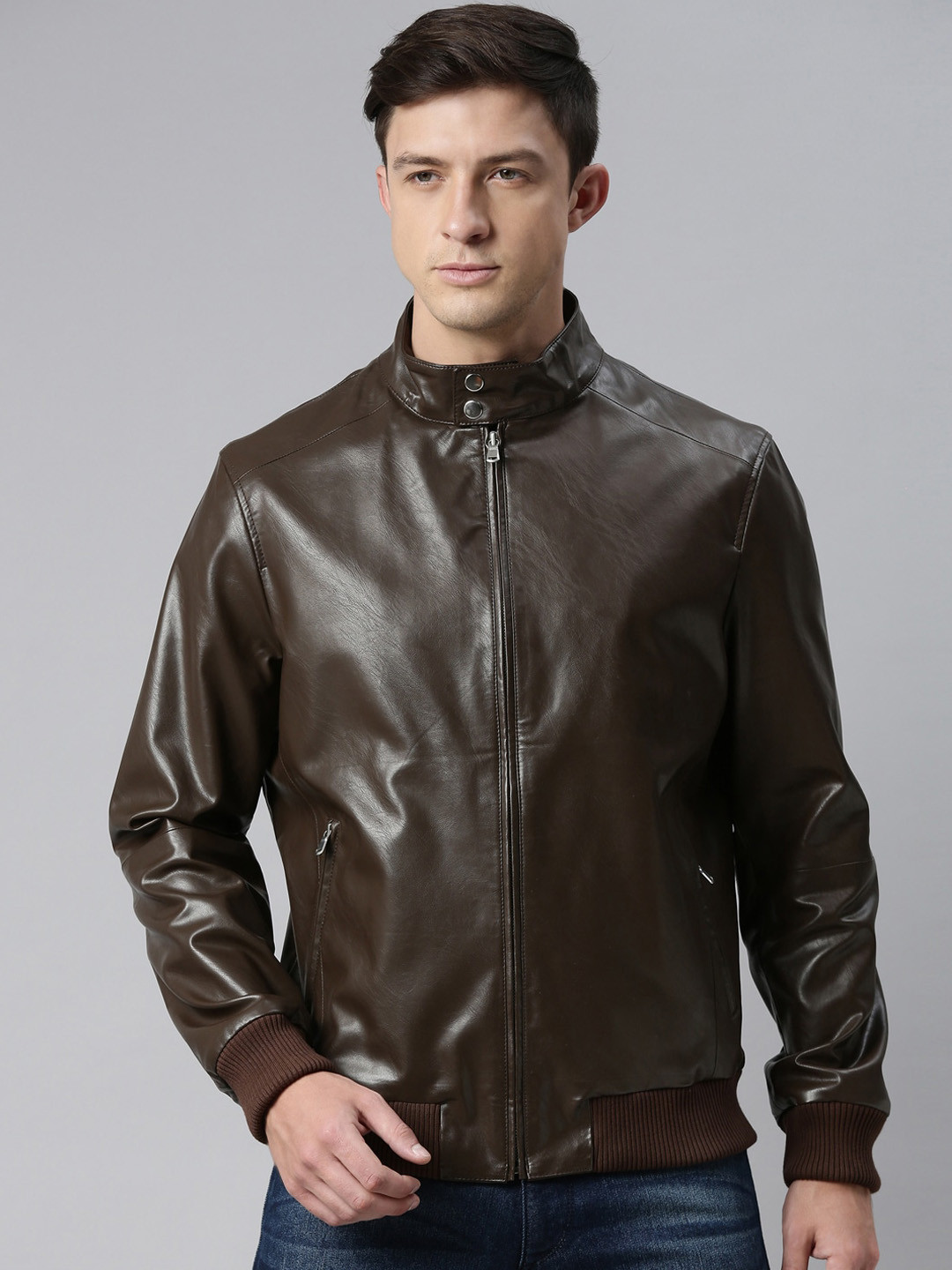 Buy MONOCHROME Men Brown Leather Lightweight Biker Jacket Jackets for