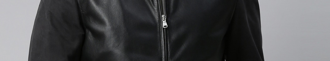 Buy MONOCHROME Men Black Leather Lightweight Bomber Jacket - Jackets ...