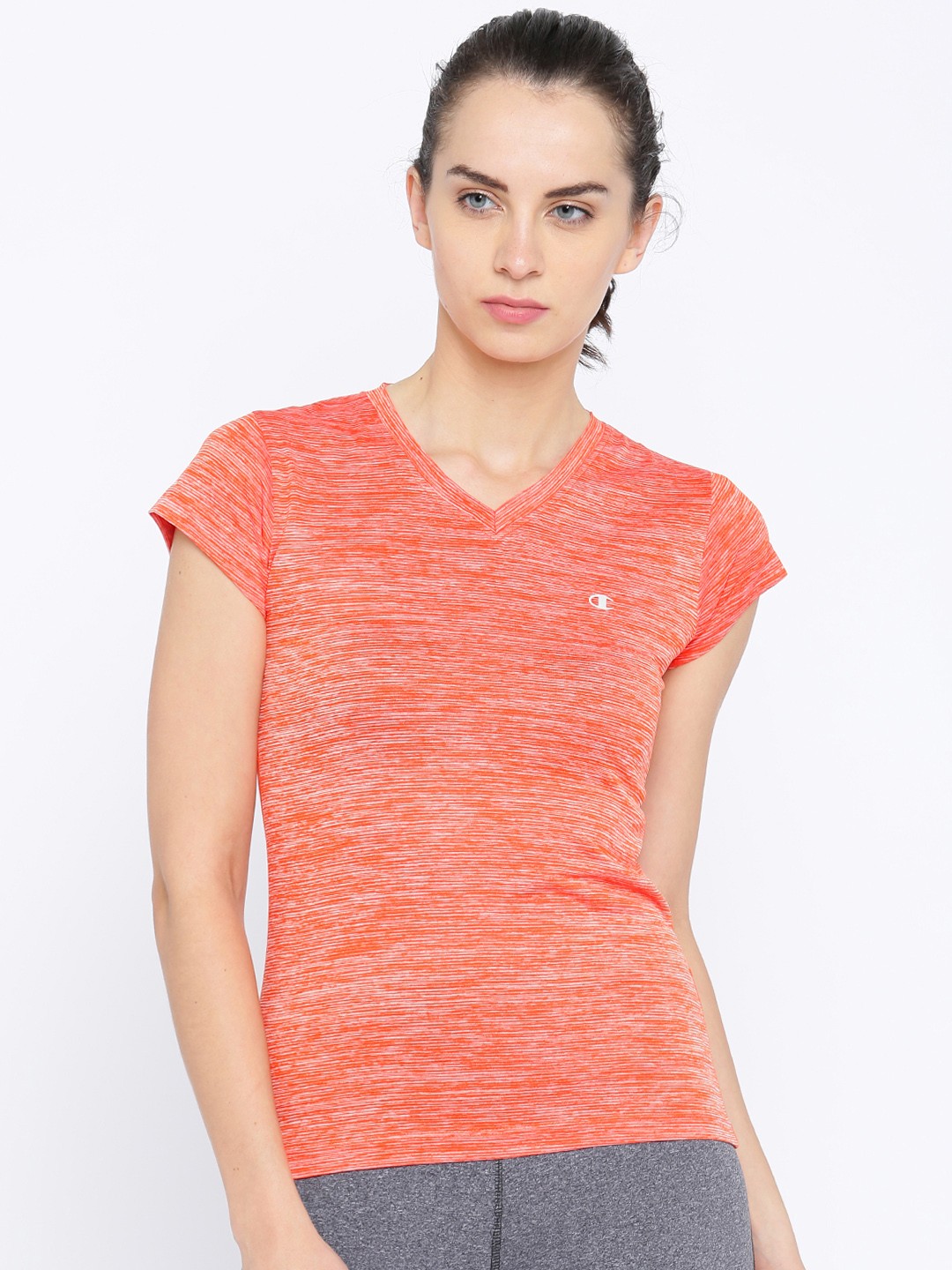 Buy Champion Women Orange Striped V Neck T Shirt - Tshirts for Women ...