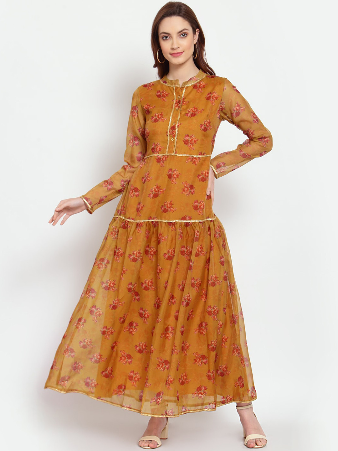 Buy Myshka Mustard Yellow & Red Floral Printed Maxi Dress Dresses for
