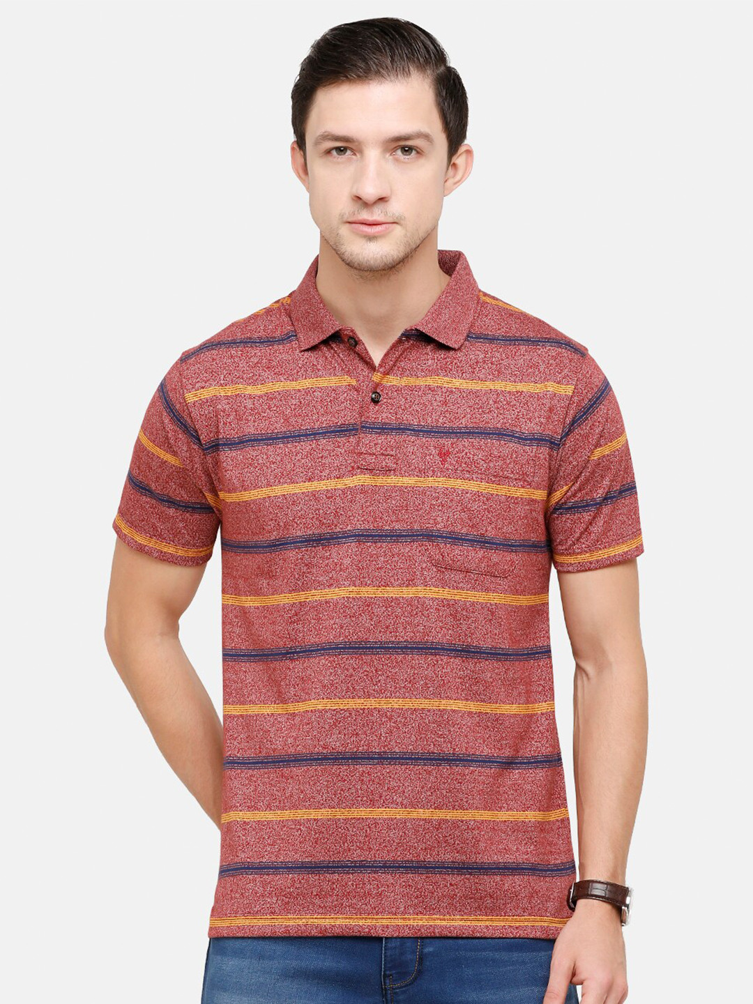 Buy Classic Polo Men Maroon Striped Polo Collar Pockets T Shirt