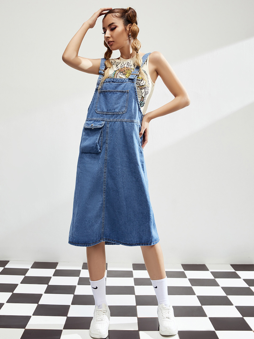 Buy URBANIC Blue Solid Pocket Pinafore Midi Dress Dresses for Women