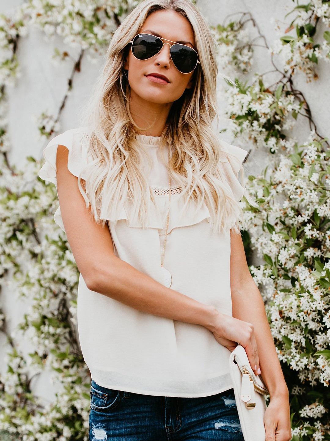 Buy URBANIC Off White Solid Relaxed Fit Lace Inserts Layered & Ruffled Regular Top - Tops for 