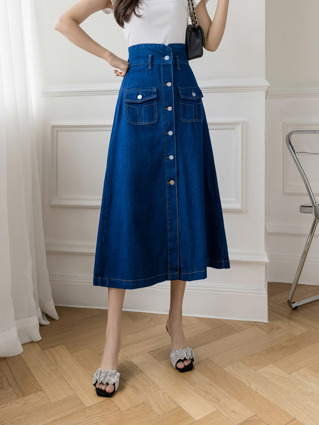 Buy URBANIC Women Navy Blue Pure Cotton Midi A Line Denim Skirt