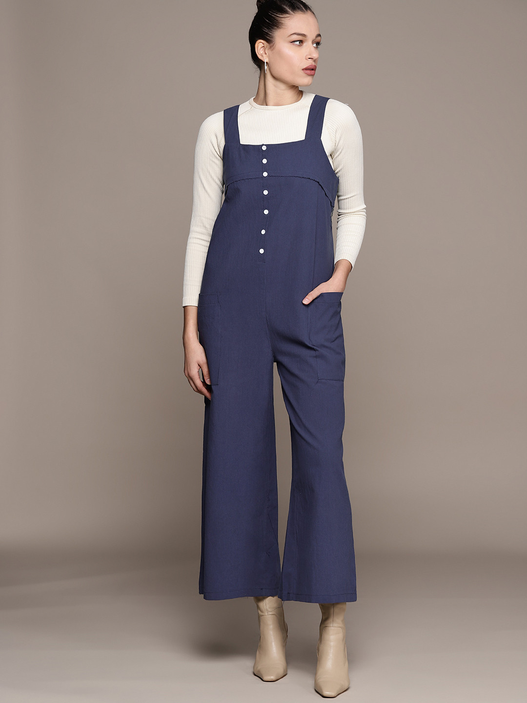 Buy URBANIC Navy Blue Solid Basic Jumpsuit Jumpsuit for Women