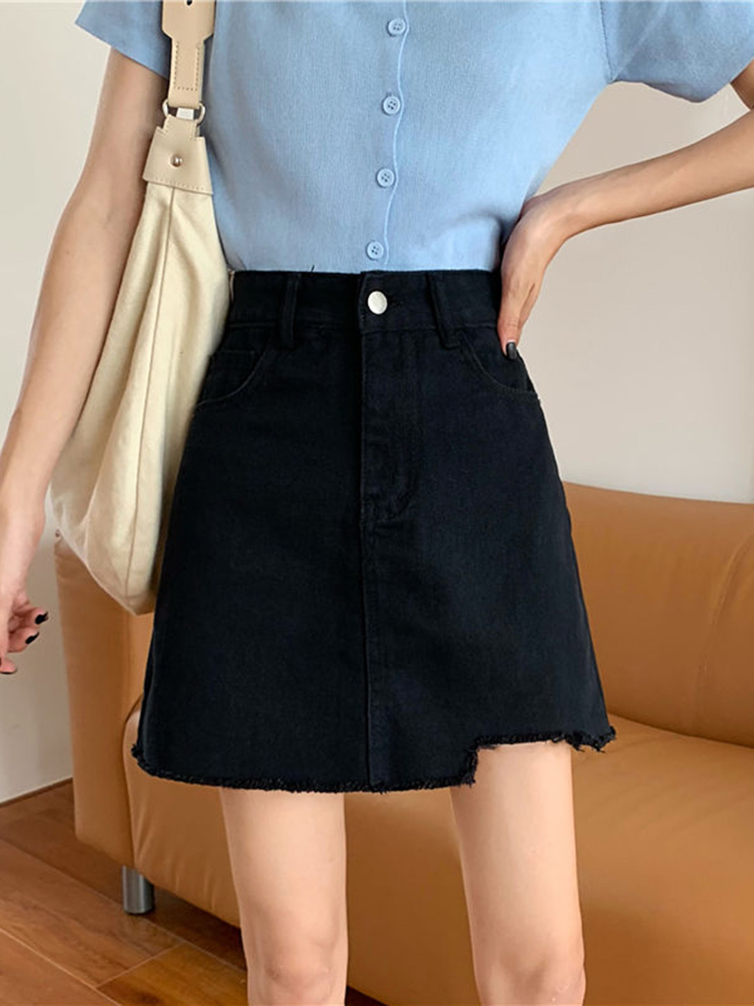 Buy URBANIC Women Black Cotton Distressed Mini A Line Denim Skirt