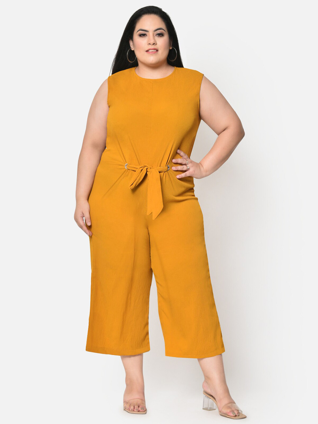 Indo Western Mustard Yellow Floral Printed V-Neck Basic Jumpsuit For Women