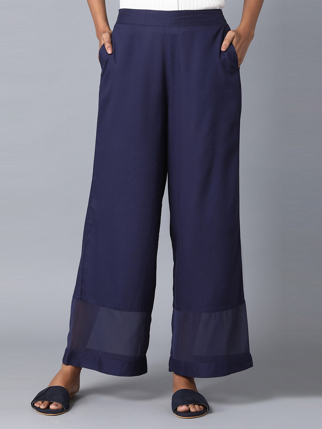 Elleven Women's Navy Blue Solid Flared Woven Palazzo With Elasticated Waist