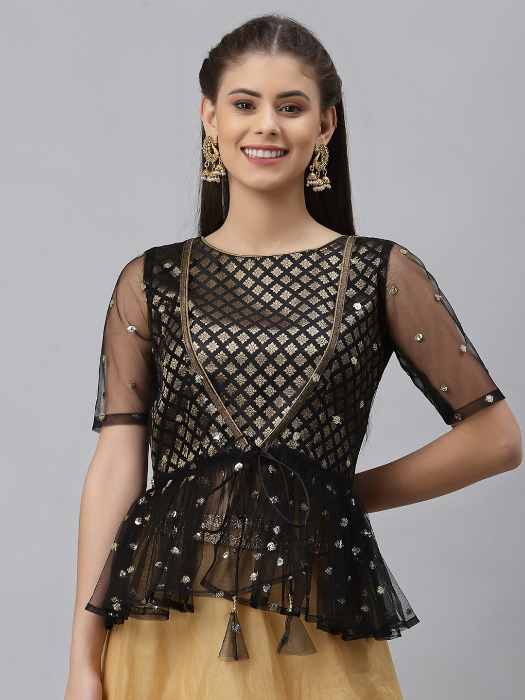 Buy Studio Rasa Black Geometric Sheer Net Peplum Top Tops for Women