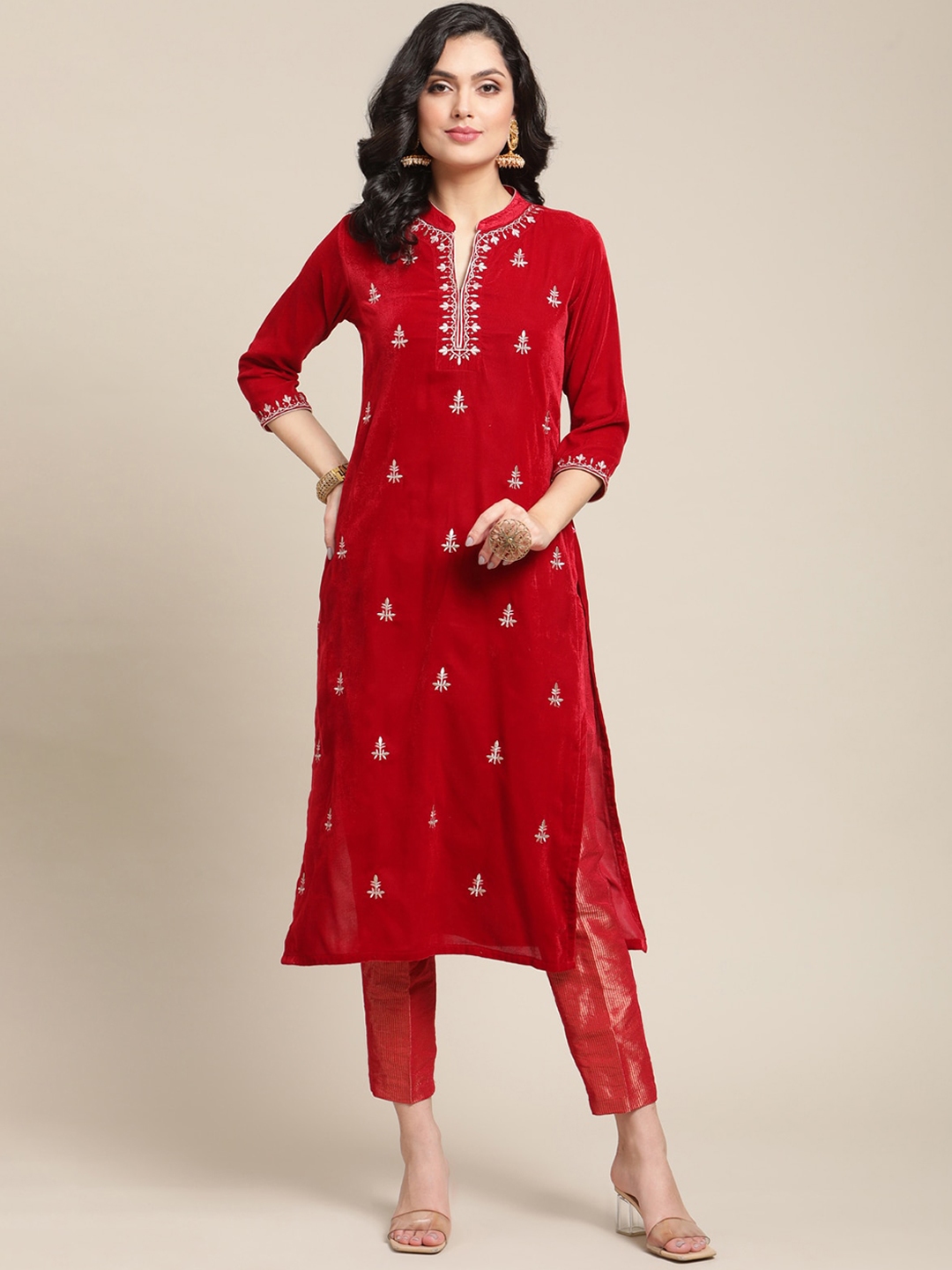 Buy Varanga Women Red Floral Embroidered Regular Thread Work Velvet ...