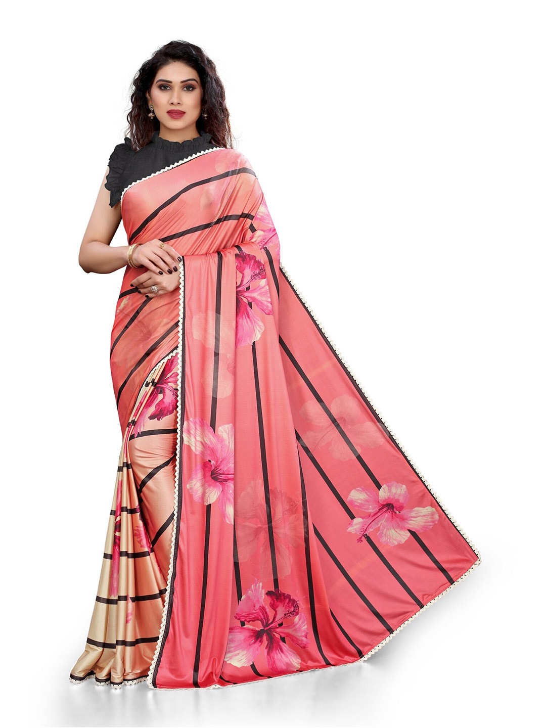 Buy MIRCHI FASHION Pink & Black Striped Silk Blend Bagh Saree Sarees