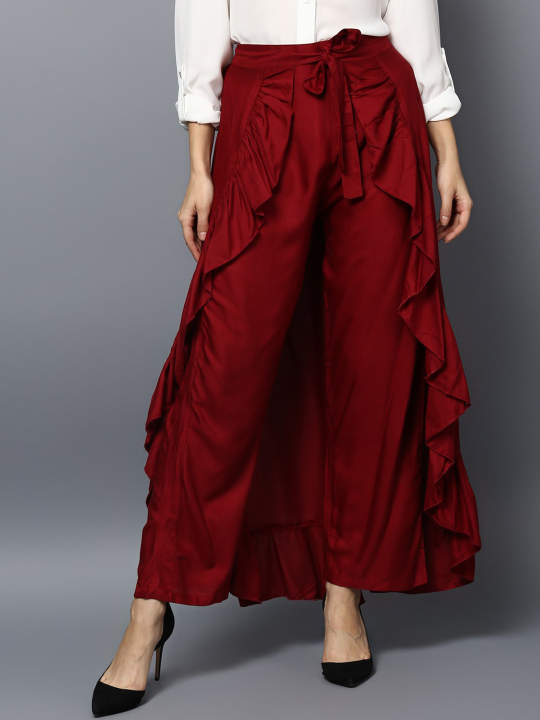 Maroon Zigzag Printed Flared Maxi Skirt