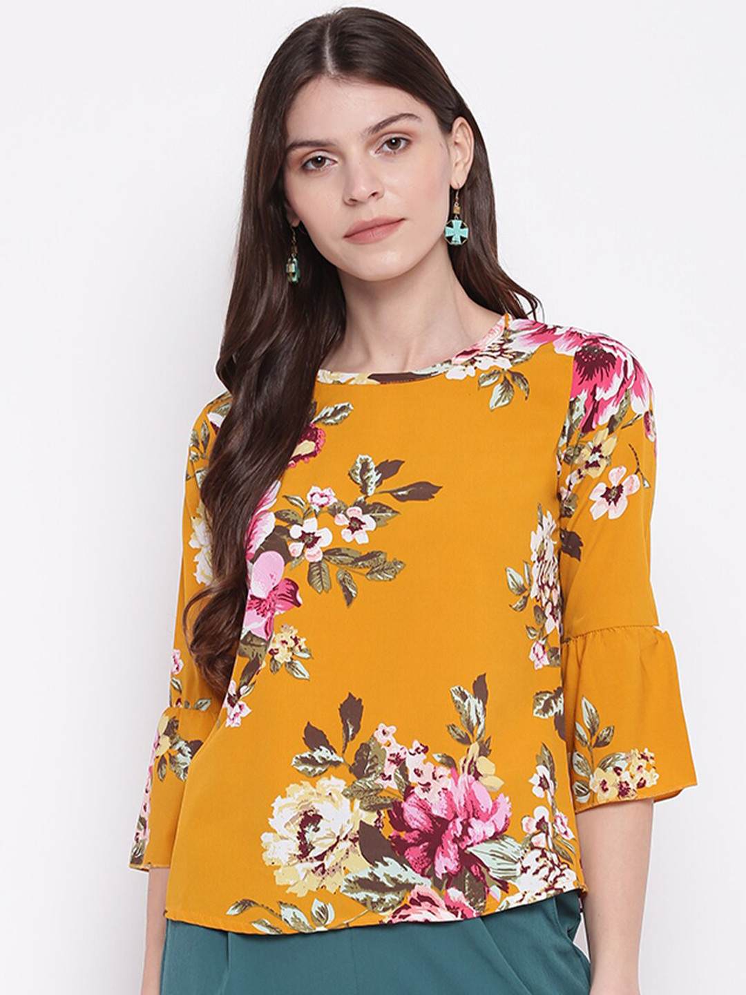 Buy Mayra Mustard Yellow Floral Regular Top Tops for Women 15652414