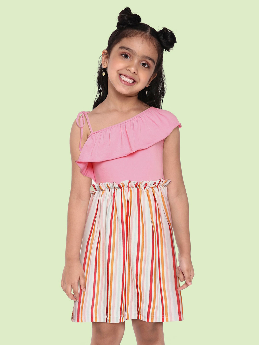 Buy K&U Pink & Red Striped One Shoulder Layered Dress Dresses for